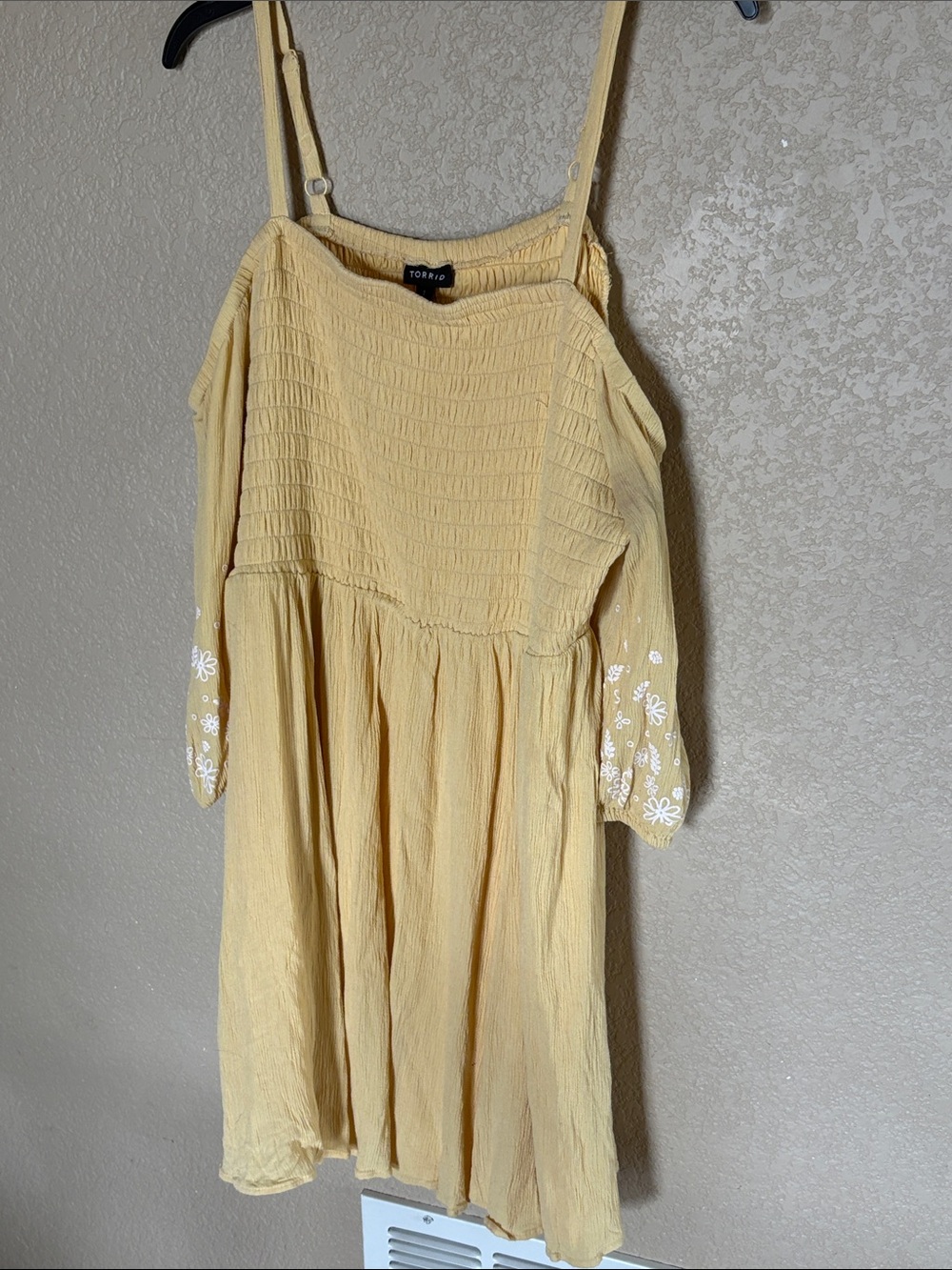 torrid Pale Yellow Off-Shoulder Midi Dress with White Floral Accents